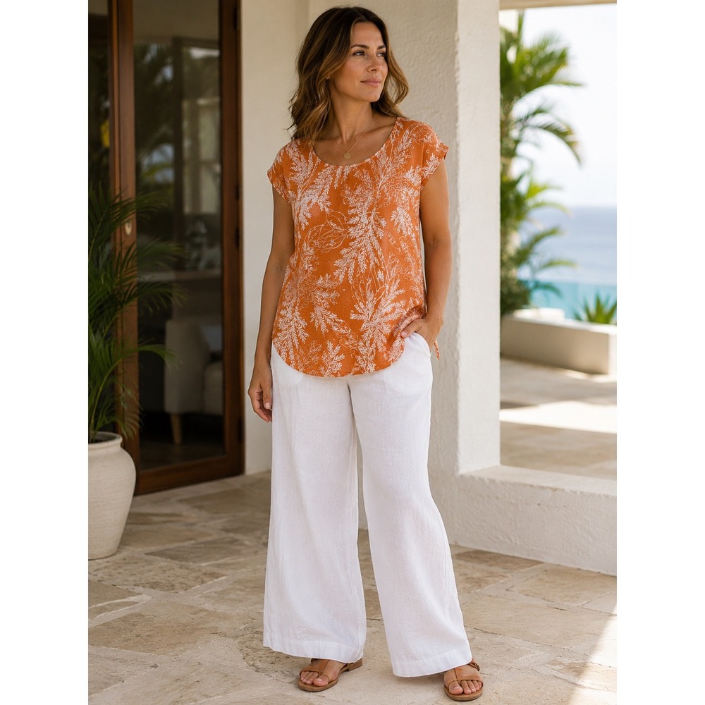 Rachel Zoe 100% Linen Botanical Print Cap Sleeve Top Orange White Size S